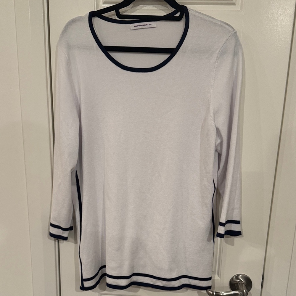 Allison Daley White and Navy Crew Neck Sweater